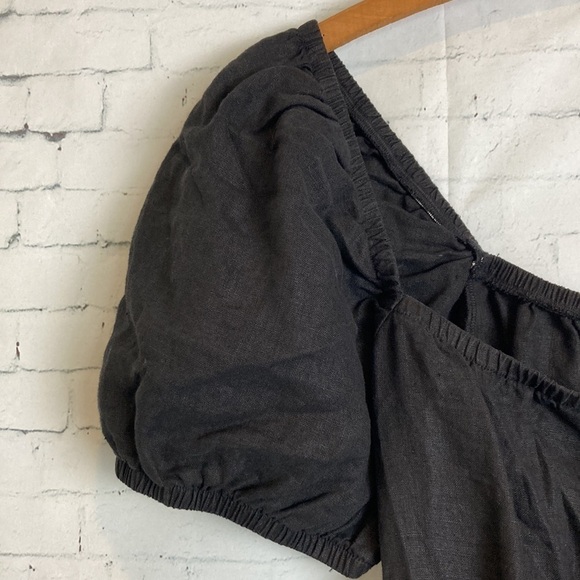 Cloth & Stone Anthropologie Black Romper XXS Smocked Tie Front Puff Sleeve Linen - Picture 6 of 16